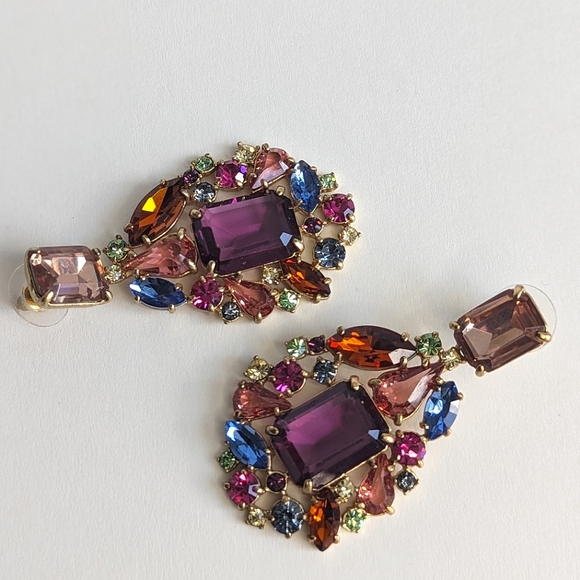 J. Crew Multi Jewel Cluster Drop Stone Dangle Earrings Amber Blue Green Magenta - Picture 3 of 9